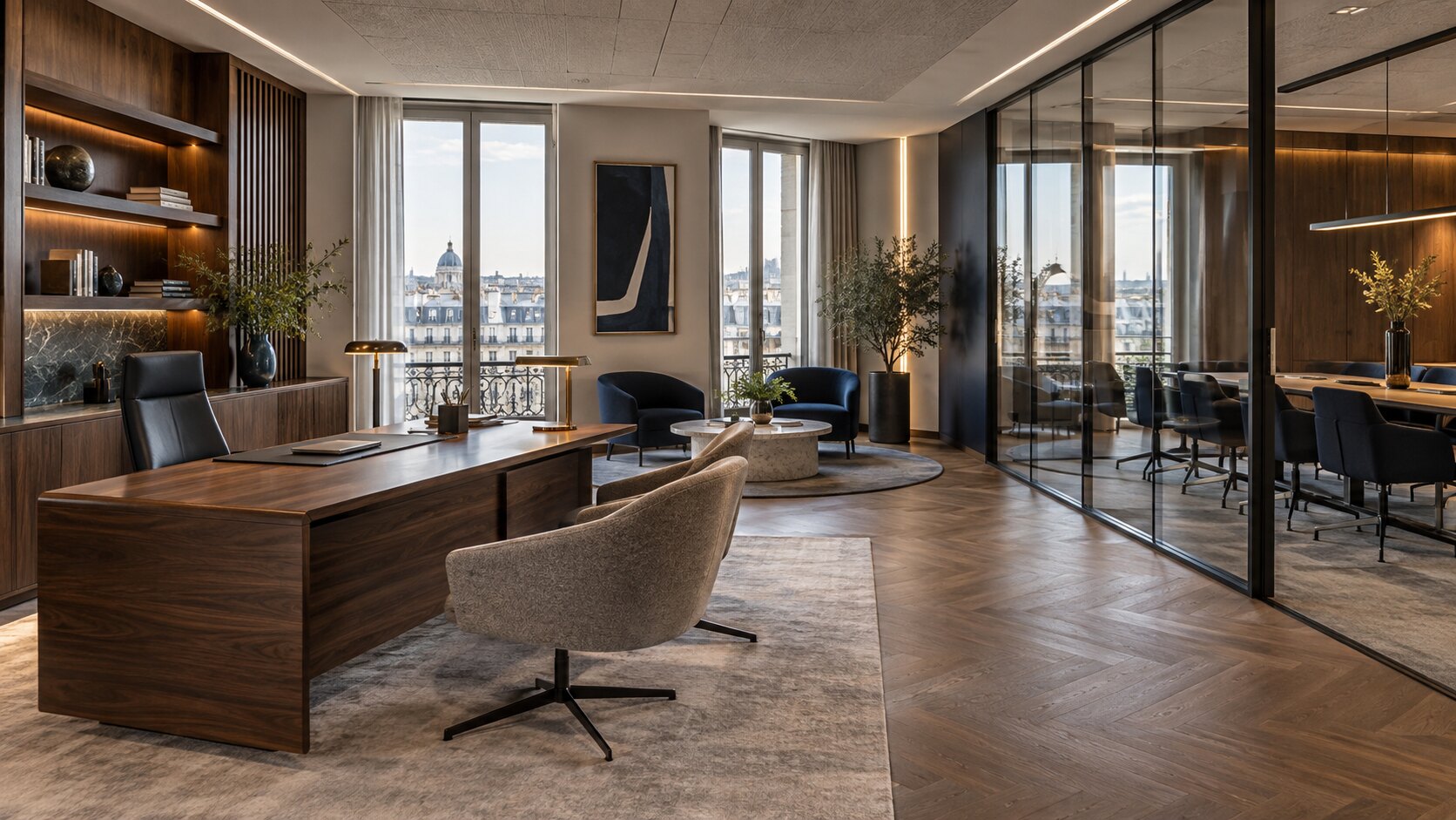 Bureaux avec cloisons vitrées et mobilier en bois
